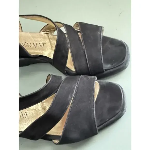 Yves Saint Laurent Black Suede Wedge Heels Sandals YSL Vintage 90s Y2K Sz 6 M - Picture 7 of 10